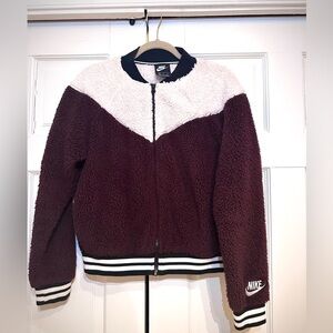 Nike Burgundy and White Varsity Sherpa Bomber Jacket